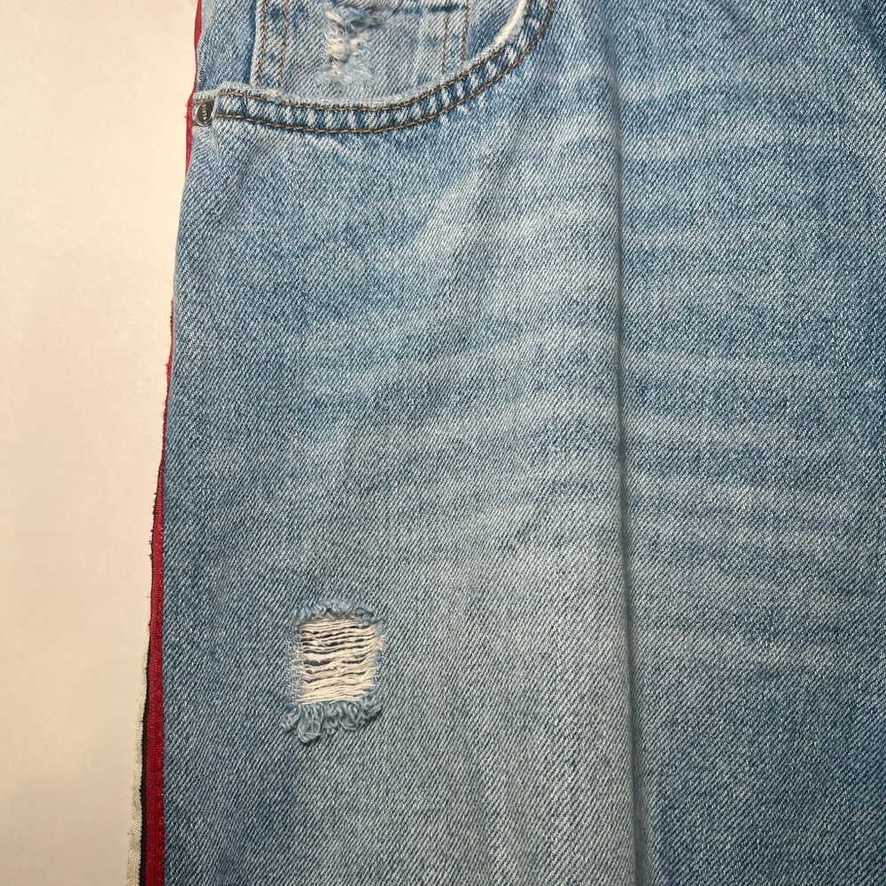 Zara Z1975 Straight‎ Leg Distressed Blue Jeans W/ Red White & Blue Stripe SZ 10 - Picture 4 of 10